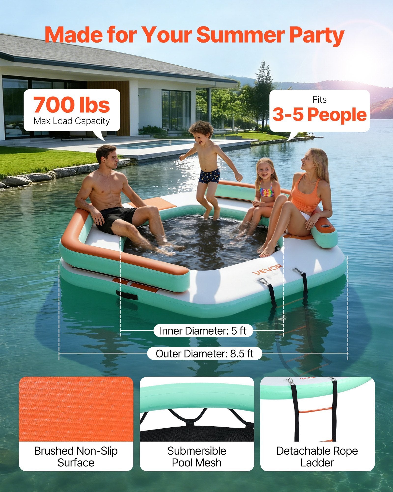 Inflatable Floating Dock, 8.5 x 8.5 FT Inflatable Dock Platform, Non-Slip Water Air Mat with Portable Carrying Bag and Detachable Ladder, Floating Water Platform Island Raft for Pool Beach Ocean