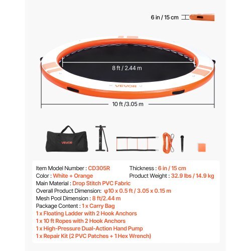 Inflatable Floating Dock, 10 FT Inflatable Dock Platform, Non-Slip Water Air Mat with Portable Carrying Bag & Detachable Ladder, Floating Water Platform Island Raft for Pool Beach Ocean, Orange