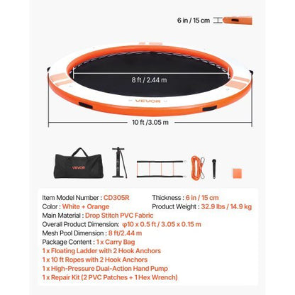 Inflatable Floating Dock, 10 FT Inflatable Dock Platform, Non-Slip Water Air Mat with Portable Carrying Bag & Detachable Ladder, Floating Water Platform Island Raft for Pool Beach Ocean, Orange