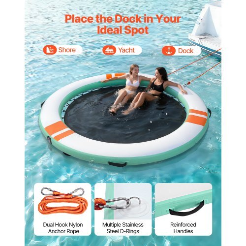 Inflatable Floating Dock, 12 FT Round Inflatable Dock Platform, Non-Slip Water Air Mat with Portable Carrying Bag and Detachable Ladder, Floating Water Platform Island Raft for Pool Beach Ocean