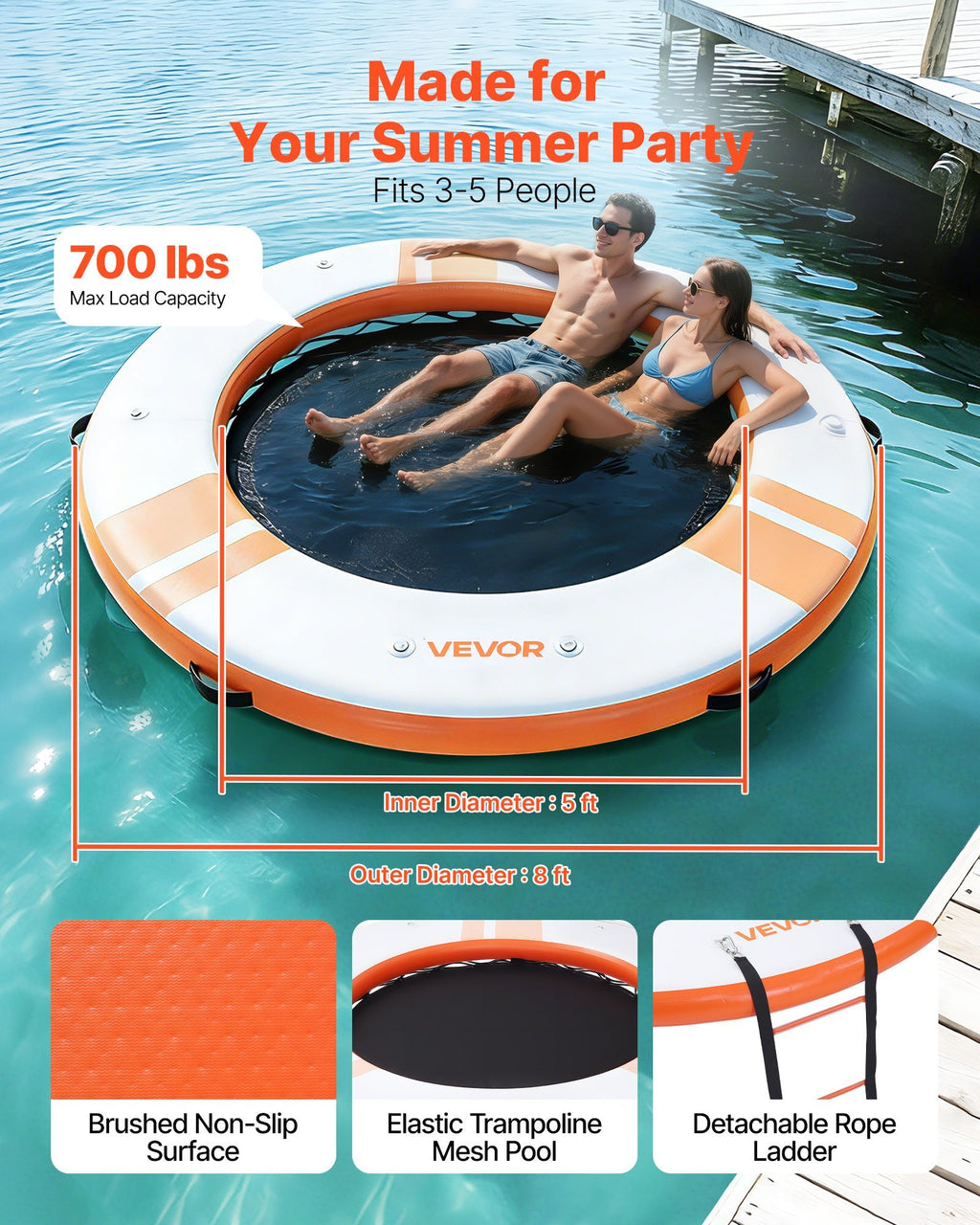 Inflatable Floating Dock, 8 FT Inflatable Dock Platform, Non-Slip Water Air Mat with Portable Carrying Bag and Detachable Ladder, Floating Water Platform Island Raft for Pool Beach Ocean, Orange