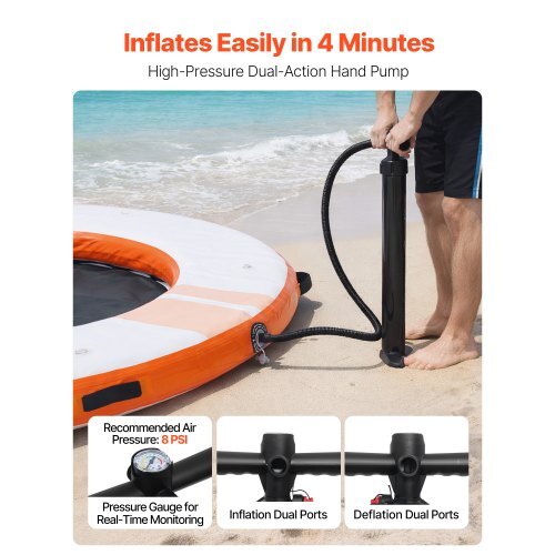 Inflatable Floating Dock, 8 FT Inflatable Dock Platform, Non-Slip Water Air Mat with Portable Carrying Bag and Detachable Ladder, Floating Water Platform Island Raft for Pool Beach Ocean, Orange