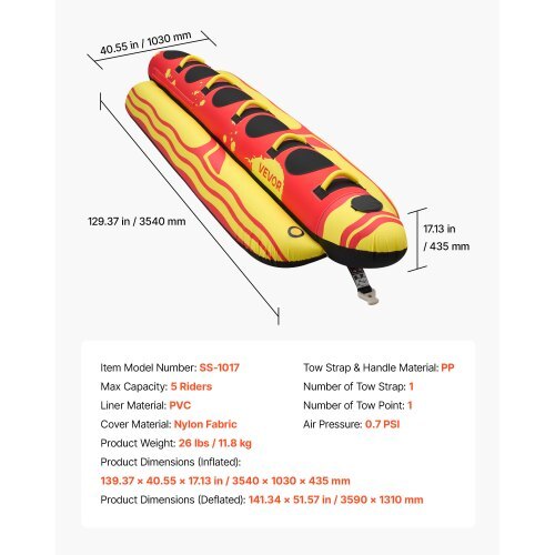 Towable Tubes for Boating, 5 Riders Inflatable Boat Tubes and Towables, 850 lbs Capacity Water Sport Tube for Boat to Pull - with Full Nylon Cover, Padded Grip Handles & Safety Valve