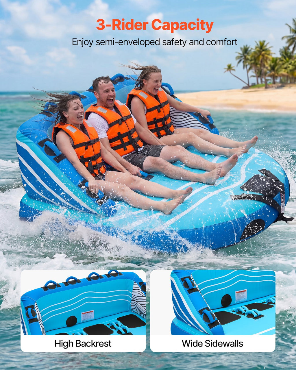 Towable Tubes for Boating, 3-Rider Inflatable Towable Tube for Boat to Pull, 510 lbs Capacity Water Sports Boating Tubes - with Full Nylon Cover, Dual Tow Points, Safety Valve & Padded Handles