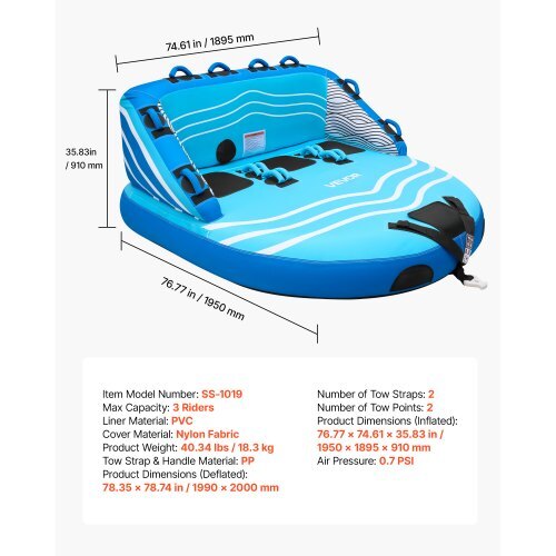 Towable Tubes for Boating, 3-Rider Inflatable Towable Tube for Boat to Pull, 510 lbs Capacity Water Sports Boating Tubes - with Full Nylon Cover, Dual Tow Points, Safety Valve & Padded Handles