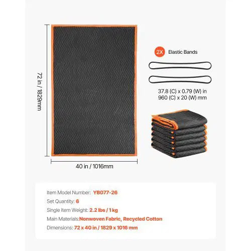 Moving Blankets 6 Pcs, 72 x 40 in (32 lbs/dz) Large Packing Blankets with Cotton Filling, Heavy Duty Nonwoven Fabric Padded Moving Blanket for Shipping, Wrapping, Protecting Furniture