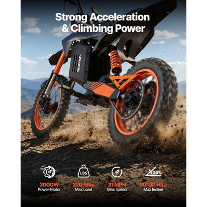 Electric Dirt Bike for Teens Adults, 2000W Motor, 31 MPH Speed, 31 Miles Max Range, 48V 22.5Ah Battery, Off-Road Motorcycle with Light, Display, Dual Suspension & Hydraulic Brakes for Age 14+
