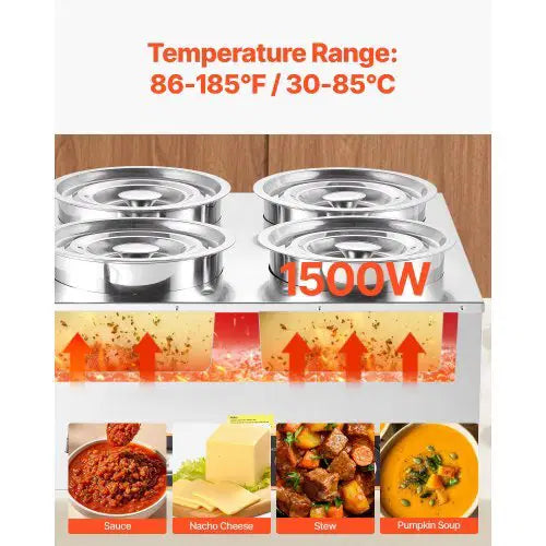 Electric Soup Warmer, Four 6.34QT Stainless Steel Round Pot with 86~185?F Adjustable Temp, 1500W Commercial Bain Marie with Anti-dry Burn and Reset Button, Soup Station for Restaurant, Buffet