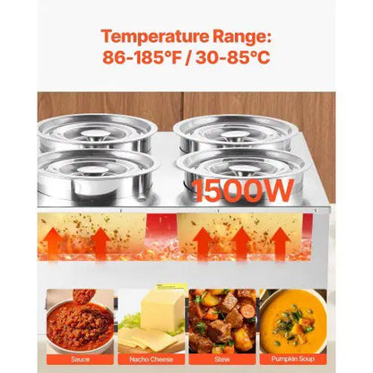 Electric Soup Warmer, Four 6.34QT Stainless Steel Round Pot with 86~185?F Adjustable Temp, 1500W Commercial Bain Marie with Anti-dry Burn and Reset Button, Soup Station for Restaurant, Buffet