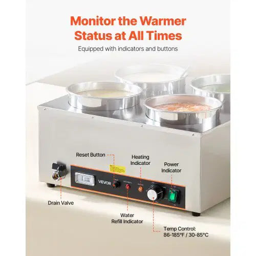 Electric Soup Warmer, Four 6.34QT Stainless Steel Round Pot with 86~185?F Adjustable Temp, 1500W Commercial Bain Marie with Anti-dry Burn and Reset Button, Soup Station for Restaurant, Buffet