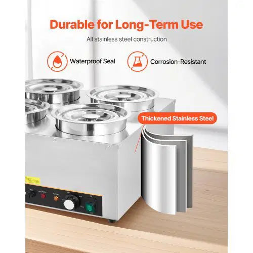 Electric Soup Warmer, Four 6.34QT Stainless Steel Round Pot with 86~185?F Adjustable Temp, 1500W Commercial Bain Marie with Anti-dry Burn and Reset Button, Soup Station for Restaurant, Buffet
