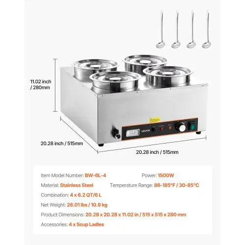Electric Soup Warmer, Four 6.34QT Stainless Steel Round Pot with 86~185?F Adjustable Temp, 1500W Commercial Bain Marie with Anti-dry Burn and Reset Button, Soup Station for Restaurant, Buffet