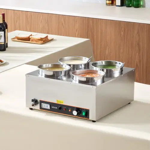 Electric Soup Warmer, Four 6.34QT Stainless Steel Round Pot with 86~185?F Adjustable Temp, 1500W Commercial Bain Marie with Anti-dry Burn and Reset Button, Soup Station for Restaurant, Buffet