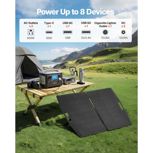Portable Power Station with 100W Solar Panel, 600W Solar Generator Power Station, 493Wh LiFePO4 Battery Backup with 8 Output Ports for Home Emergency, Outdoor Camping, RV Travel
