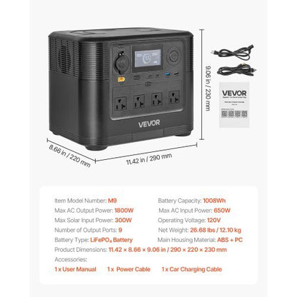 Portable Power Station, 1800W Solar Generator Power Station, 1008Wh LiFePO4 Battery Backup with 9 Output Ports for for Home Emergency, Outdoor Camping, RV Travel (Solar Panel NOT Included)