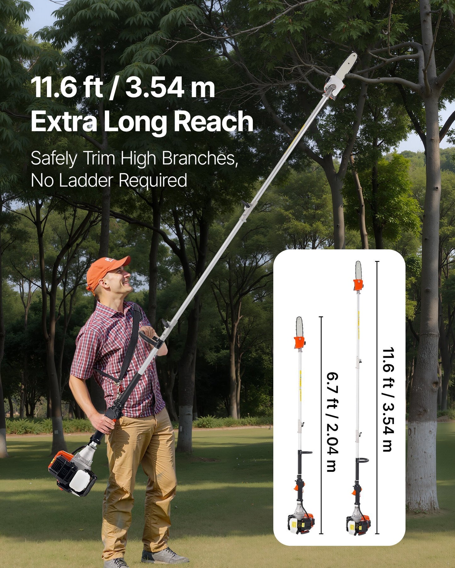 Gas Pole Saw, 33CC 2 Stroke Gas Powered Pole Saws with 8 in Cutting Bar, Cordless Tree Trimmer with 30 fl.oz Fuel Tank, 6.7 to 11.6 ft Extendable, Powerful Chainsaw for Tree Trimming Pruning