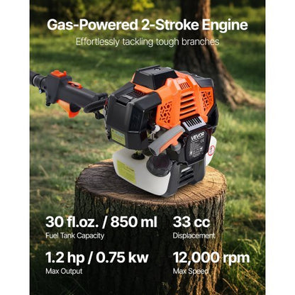 Gas Pole Saw, 33CC 2 Stroke Gas Powered Pole Saws with 8 in Cutting Bar, Cordless Tree Trimmer with 30 fl.oz Fuel Tank, 6.7 to 11.6 ft Extendable, Powerful Chainsaw for Tree Trimming Pruning