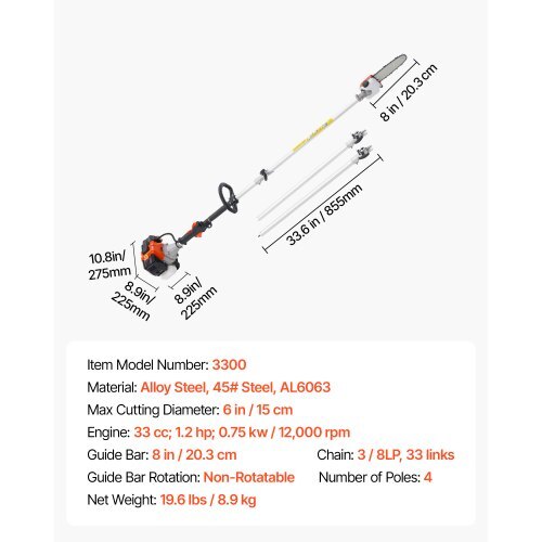 Gas Pole Saw, 33CC 2 Stroke Gas Powered Pole Saws with 8 in Cutting Bar, Cordless Tree Trimmer with 30 fl.oz Fuel Tank, 6.7 to 11.6 ft Extendable, Powerful Chainsaw for Tree Trimming Pruning