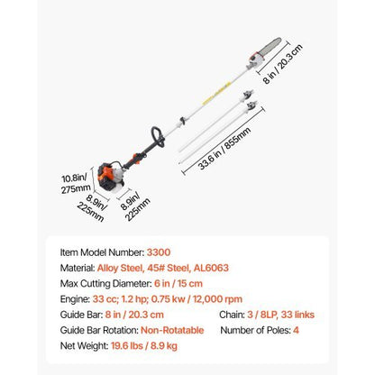 Gas Pole Saw, 33CC 2 Stroke Gas Powered Pole Saws with 8 in Cutting Bar, Cordless Tree Trimmer with 30 fl.oz Fuel Tank, 6.7 to 11.6 ft Extendable, Powerful Chainsaw for Tree Trimming Pruning