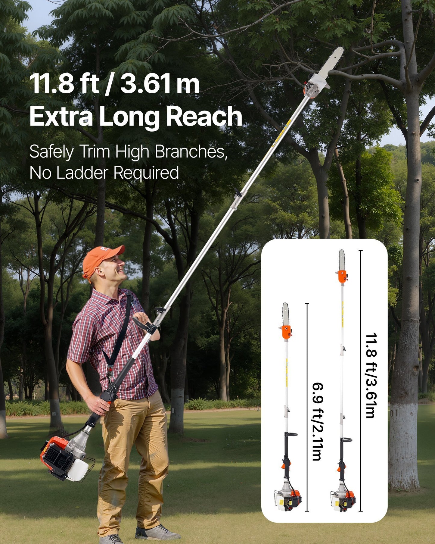 Gas Pole Saw, 43CC 2 Stroke Gas Powered Pole Saws with 10 in Cutting Bar, Cordless Tree Trimmer with Rotatable Head, 6.9 to 11.8 ft Extendable, Powerful Chainsaw for Tree Trimming Pruning