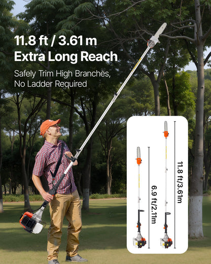 Gas Pole Saw, 43CC 2 Stroke Gas Powered Pole Saws with 10 in Cutting Bar, Cordless Tree Trimmer with Rotatable Head, 6.9 to 11.8 ft Extendable, Powerful Chainsaw for Tree Trimming Pruning