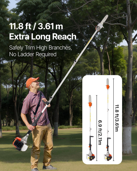 Gas Pole Saw, 43CC 2 Stroke Gas Powered Pole Saws with 10 in Cutting Bar, Cordless Tree Trimmer with Rotatable Head, 6.9 to 11.8 ft Extendable, Powerful Chainsaw for Tree Trimming Pruning