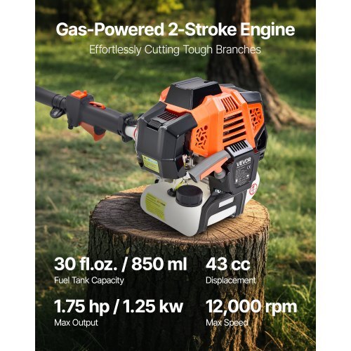 Gas Pole Saw, 43CC 2 Stroke Gas Powered Pole Saws with 10 in Cutting Bar, Cordless Tree Trimmer with Rotatable Head, 6.9 to 11.8 ft Extendable, Powerful Chainsaw for Tree Trimming Pruning