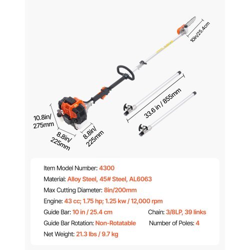 Gas Pole Saw, 43CC 2 Stroke Gas Powered Pole Saws with 10 in Cutting Bar, Cordless Tree Trimmer with Rotatable Head, 6.9 to 11.8 ft Extendable, Powerful Chainsaw for Tree Trimming Pruning