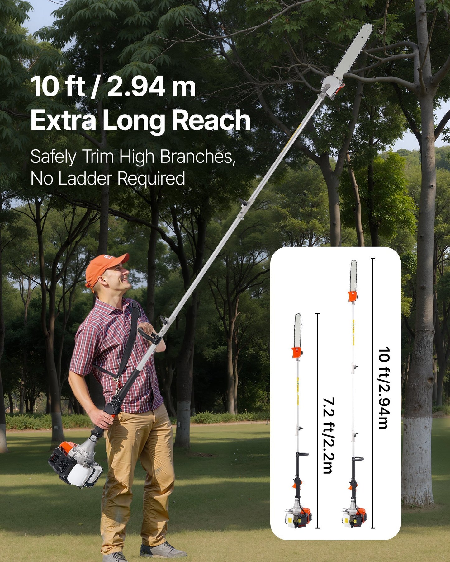 Gas Pole Saw, 52CC 2 Stroke Gas Powered Pole Saws with 14 in Cutting Bar, Cordless Tree Trimmer with 30 fl.oz Fuel Tank, 7.2 to 10 ft Extendable, Powerful Chainsaw for Tree Trimming Pruning