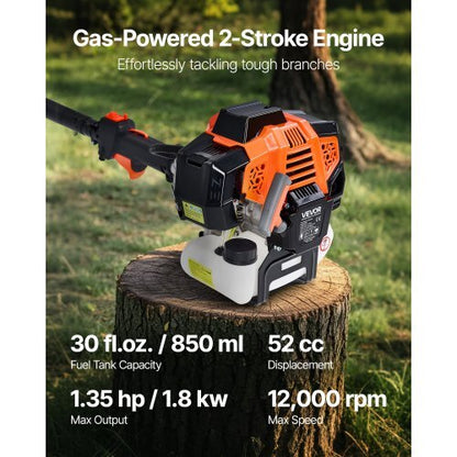 Gas Pole Saw, 52CC 2 Stroke Gas Powered Pole Saws with 14 in Cutting Bar, Cordless Tree Trimmer with 30 fl.oz Fuel Tank, 7.2 to 10 ft Extendable, Powerful Chainsaw for Tree Trimming Pruning