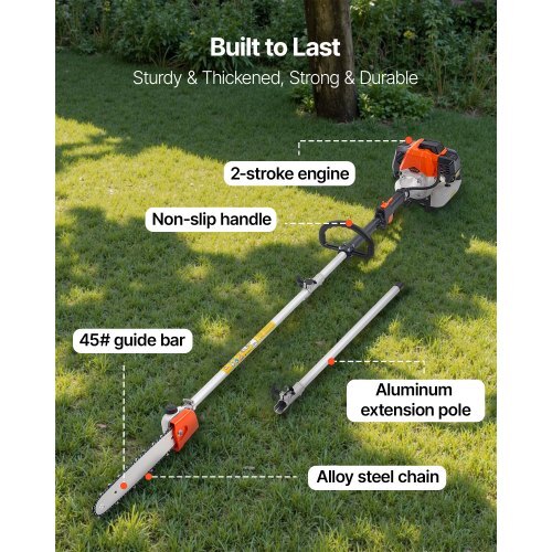 Gas Pole Saw, 52CC 2 Stroke Gas Powered Pole Saws with 14 in Cutting Bar, Cordless Tree Trimmer with 30 fl.oz Fuel Tank, 7.2 to 10 ft Extendable, Powerful Chainsaw for Tree Trimming Pruning