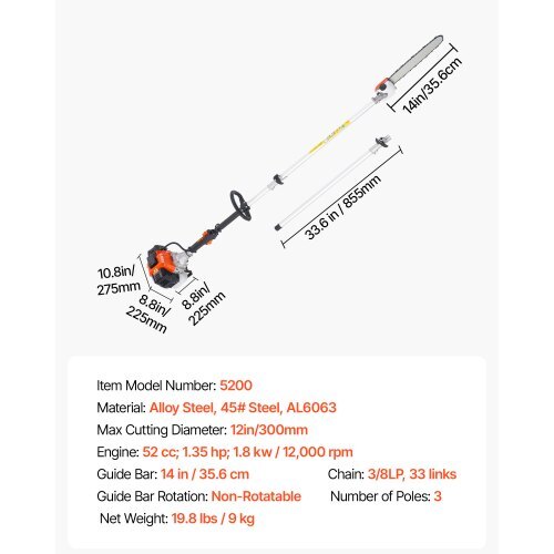 Gas Pole Saw, 52CC 2 Stroke Gas Powered Pole Saws with 14 in Cutting Bar, Cordless Tree Trimmer with 30 fl.oz Fuel Tank, 7.2 to 10 ft Extendable, Powerful Chainsaw for Tree Trimming Pruning