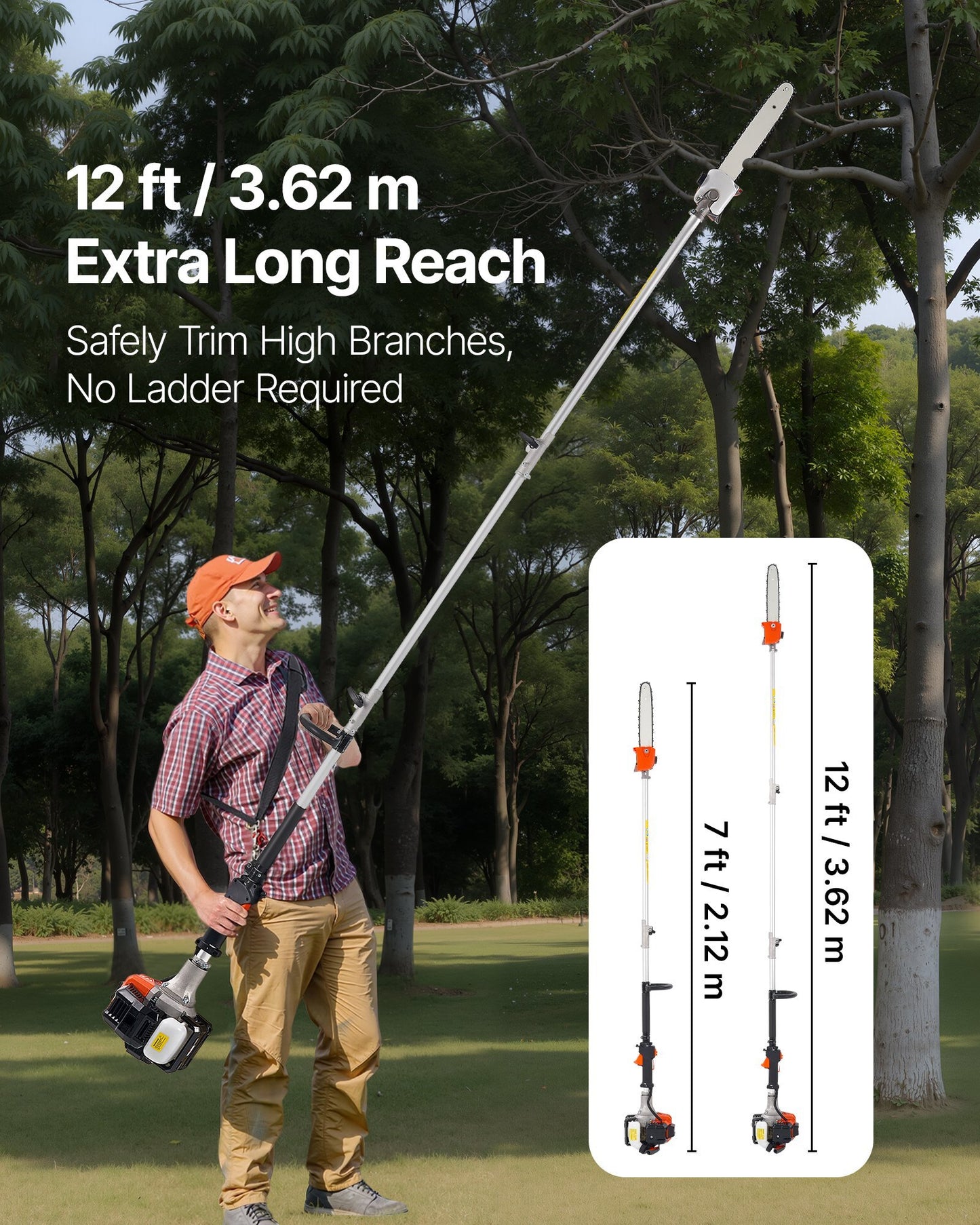 Gas Pole Saw, 25CC 2 Stroke Gas Powered Pole Saws with 12 in Cutting Bar, Cordless Tree Trimmer with 23 fl.oz Fuel Tank, 7 to 12 ft Extendable, Powerful Chainsaw for Tree Trimming Pruning