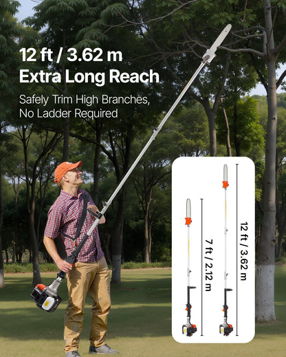 Gas Pole Saw, 25CC 2 Stroke Gas Powered Pole Saws with 12 in Cutting Bar, Cordless Tree Trimmer with 23 fl.oz Fuel Tank, 7 to 12 ft Extendable, Powerful Chainsaw for Tree Trimming Pruning