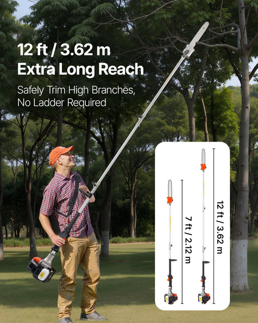 Gas Pole Saw, 25CC 2 Stroke Gas Powered Pole Saws with 12 in Cutting Bar, Cordless Tree Trimmer with 23 fl.oz Fuel Tank, 7 to 12 ft Extendable, Powerful Chainsaw for Tree Trimming Pruning