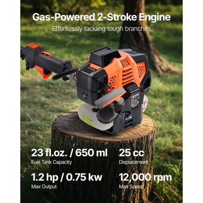 Gas Pole Saw, 25CC 2 Stroke Gas Powered Pole Saws with 12 in Cutting Bar, Cordless Tree Trimmer with 23 fl.oz Fuel Tank, 7 to 12 ft Extendable, Powerful Chainsaw for Tree Trimming Pruning