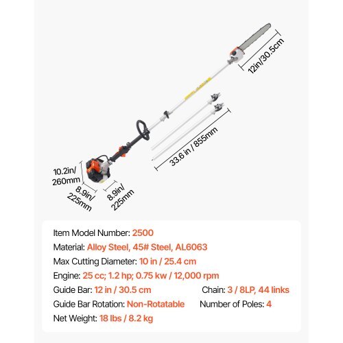 Gas Pole Saw, 25CC 2 Stroke Gas Powered Pole Saws with 12 in Cutting Bar, Cordless Tree Trimmer with 23 fl.oz Fuel Tank, 7 to 12 ft Extendable, Powerful Chainsaw for Tree Trimming Pruning