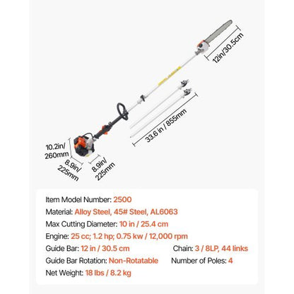 Gas Pole Saw, 25CC 2 Stroke Gas Powered Pole Saws with 12 in Cutting Bar, Cordless Tree Trimmer with 23 fl.oz Fuel Tank, 7 to 12 ft Extendable, Powerful Chainsaw for Tree Trimming Pruning