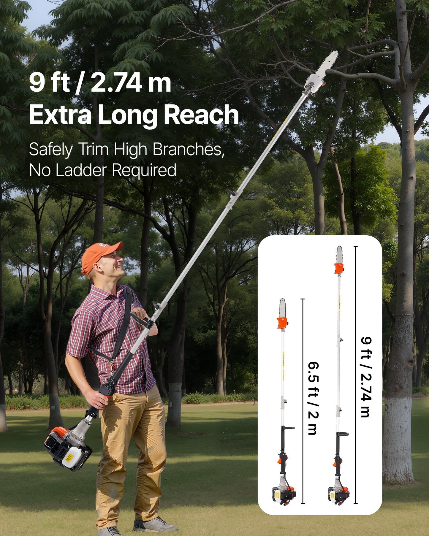 Gas Pole Saw, 25CC 2 Stroke Gas Powered Pole Saws with 8 in Cutting Bar, Cordless Tree Trimmer with 23 fl.oz Fuel Tank, 6.5 to 9 ft Extendable, Powerful Chainsaw for Tree Trimming Pruning