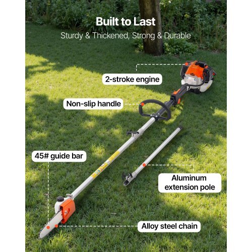 Gas Pole Saw, 25CC 2 Stroke Gas Powered Pole Saws with 8 in Cutting Bar, Cordless Tree Trimmer with 23 fl.oz Fuel Tank, 6.5 to 9 ft Extendable, Powerful Chainsaw for Tree Trimming Pruning