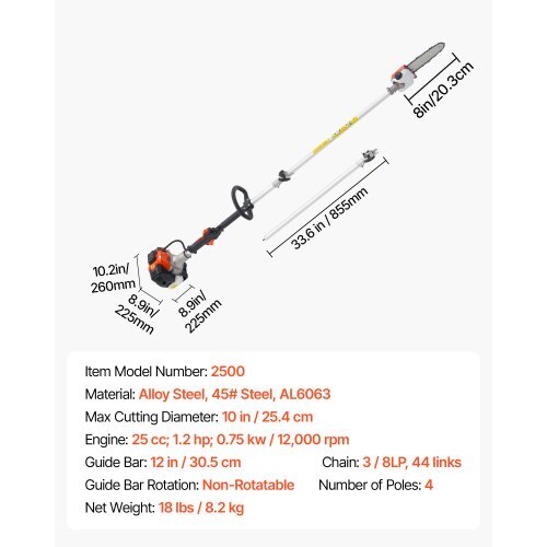 Gas Pole Saw, 25CC 2 Stroke Gas Powered Pole Saws with 8 in Cutting Bar, Cordless Tree Trimmer with 23 fl.oz Fuel Tank, 6.5 to 9 ft Extendable, Powerful Chainsaw for Tree Trimming Pruning