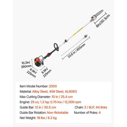 Gas Pole Saw, 25CC 2 Stroke Gas Powered Pole Saws with 8 in Cutting Bar, Cordless Tree Trimmer with 23 fl.oz Fuel Tank, 6.5 to 9 ft Extendable, Powerful Chainsaw for Tree Trimming Pruning