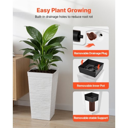 Tall Planters Set of 2, 23 Inch Large Outdoor Taper Planters for Outdoor Indoor Plants, Front Porch Plastic Modern Flower Pots with Casters, Inner Pot & Drainage Holes for Patio, Garden, White