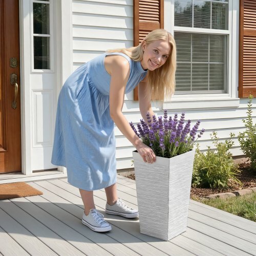 Tall Planters Set of 2, 23 Inch Large Outdoor Taper Planters for Outdoor Indoor Plants, Front Porch Plastic Modern Flower Pots with Casters, Inner Pot & Drainage Holes for Patio, Garden, White