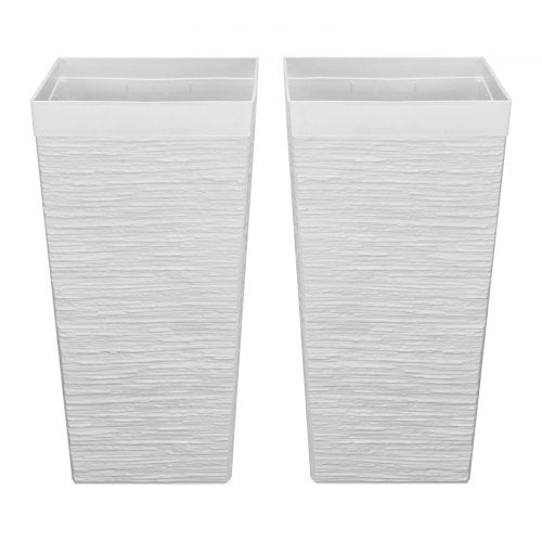 Tall Planters Set of 2, 23 Inch Large Outdoor Taper Planters for Outdoor Indoor Plants, Front Porch Plastic Modern Flower Pots with Casters, Inner Pot & Drainage Holes for Patio, Garden, White