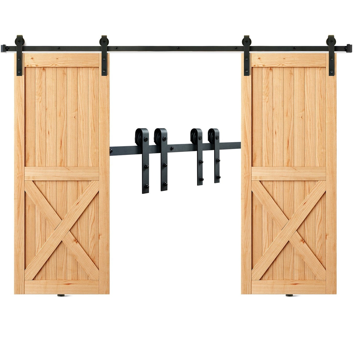 8FT Sliding Barn Door Hardware Kit, 330LBS Heavy Duty Barn Door Track Kit for Double Doors, Fit 3.7-4.3FT Total Wide and 1.3"-1.8" Thick 2 Door Panel, with Smooth & Silent Pulley (J Shape)