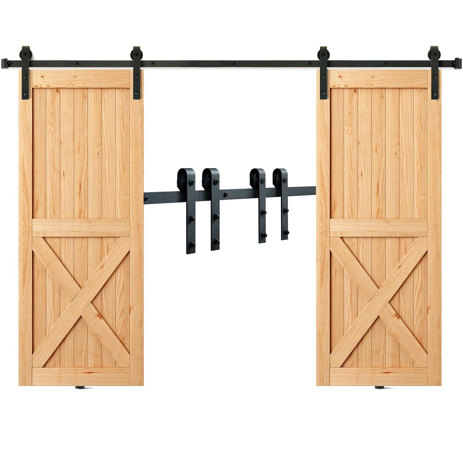 8FT Sliding Barn Door Hardware Kit, 330LBS Heavy Duty Barn Door Track Kit for Double Doors, Fit 3.7-4.3FT Total Wide and 1.3"-1.8" Thick 2 Door Panel, with Smooth & Silent Pulley (J Shape)
