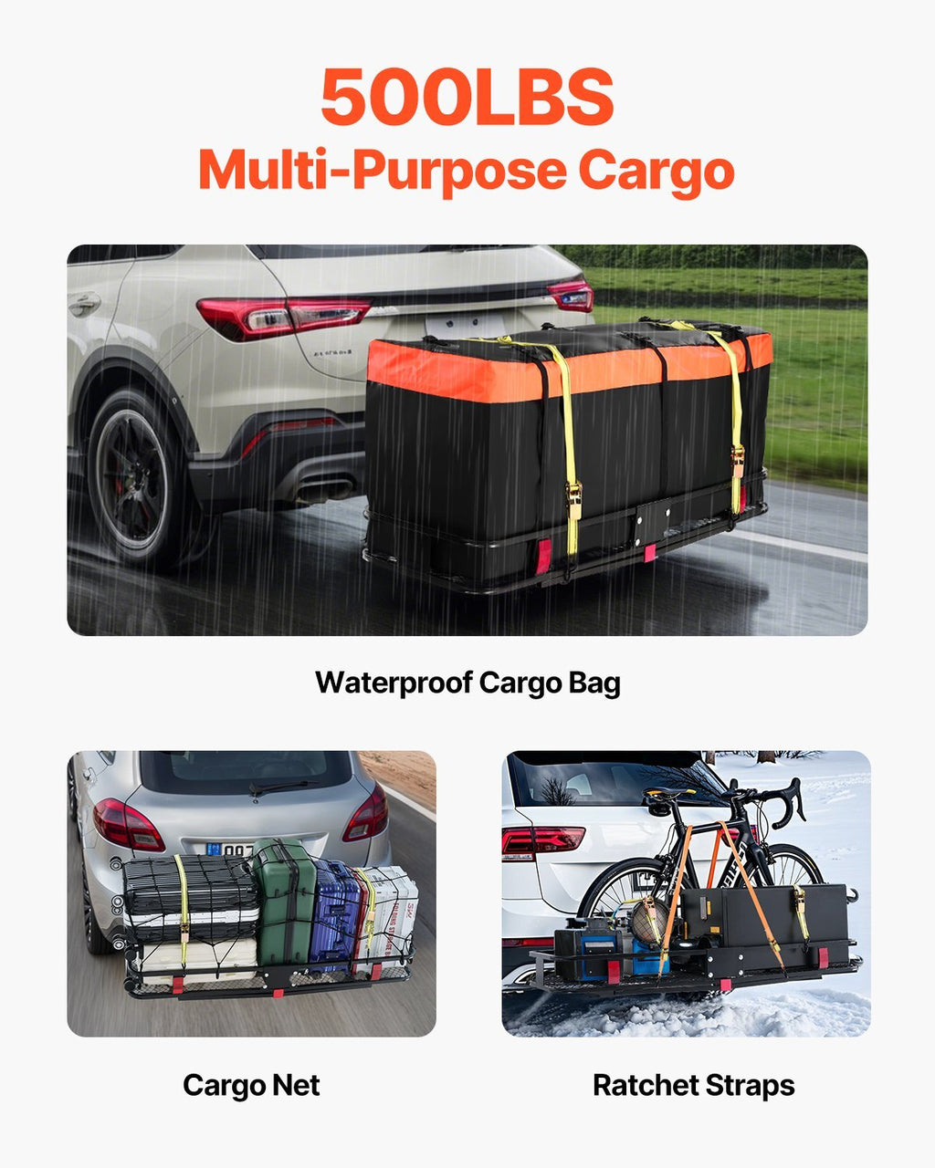 60" x 20" x 6", Hitch Cargo Carrier, 500 lbs Capacity Hitch Cargo Carrier with Cargo Net & Waterproof Cargo Bag, Folding Hitch Mount Cargo Carrier with Hitch Lock for 2" Receiver, Fit for SUVs