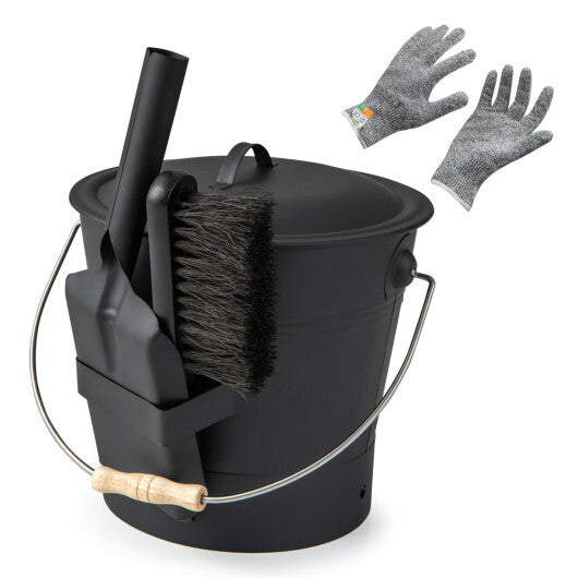 Ash Bucket with Lid and Cut-resistant Gloves-Black - Color: Black