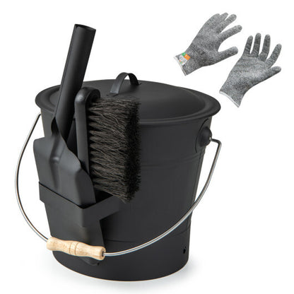 Ash Bucket with Lid and Cut-resistant Gloves-Black - Color: Black